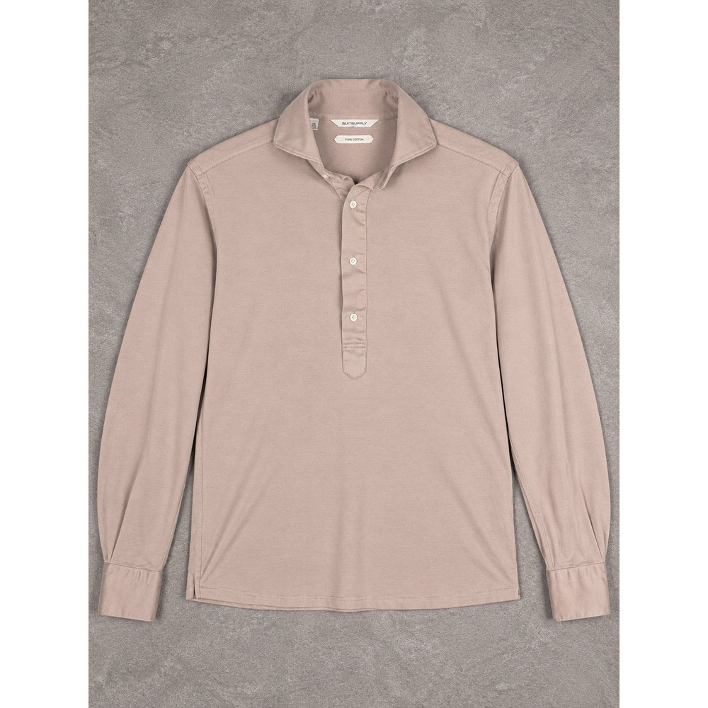 Suitsupply Polo Shirt Mens Small Taupe Cotton Long Sleeve Extra Slim Heritage